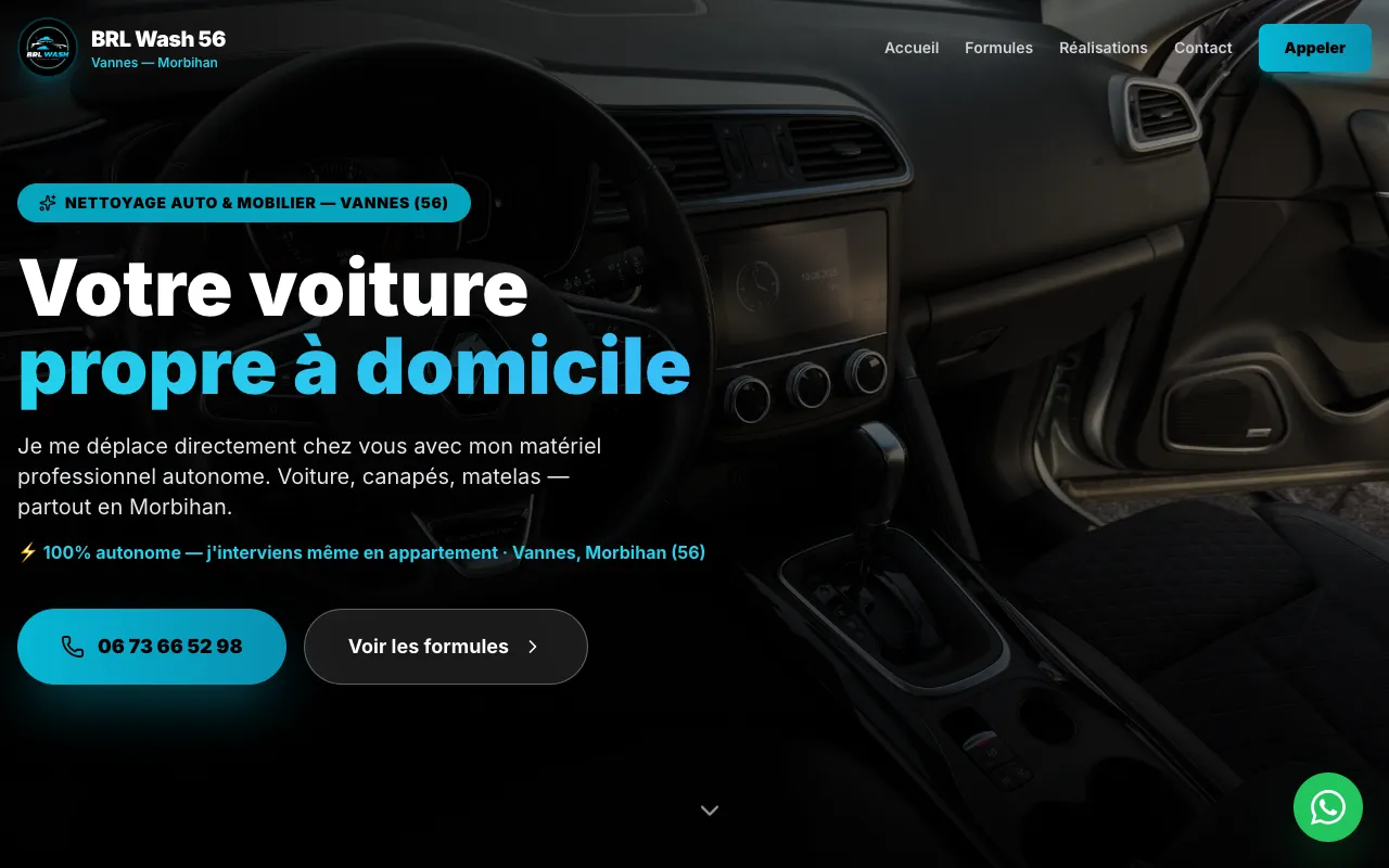 Page d’accueil du site de BRL Wash 56, Nettoyage automobile et mobilier à domicile