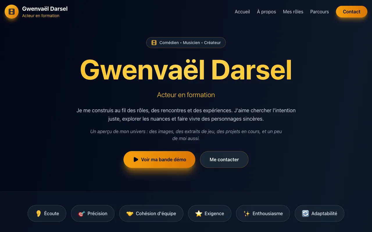Page d’accueil du site de Gwenvaël Darsel, Comédien, portfolio et bande démo